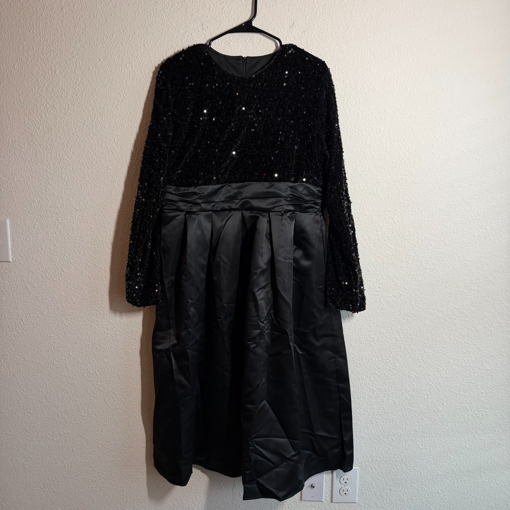 Womens Maxi Dress 2XL Black Satin Sequin Bodice Back Zip‎ Party Evening Cocktail
